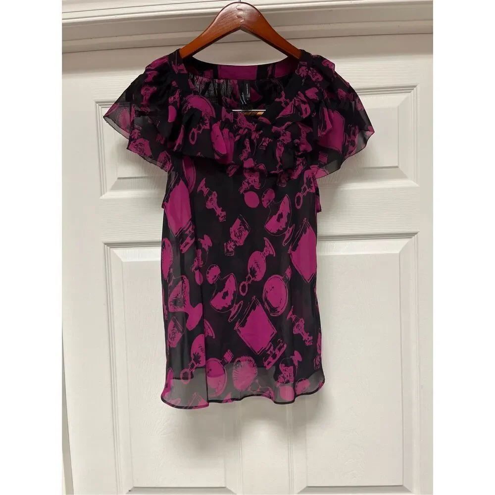 She Said Black & Burgundy Sheer Perfume Potion Bottle Short Sleeve Blouse Sz L E